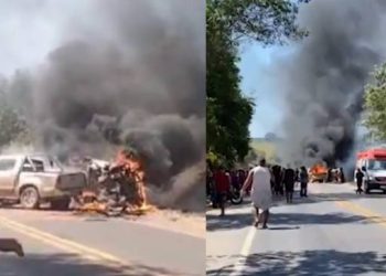 Seis pessoas ficam feridas em batida envolvendo três carros na BR101; veículos pegaram fogo