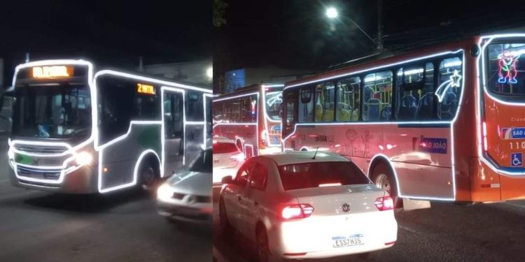 Ônibus iluminados com o clima do Natal percorrem as ruas de Feira