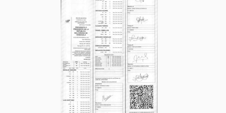 Cópia de uma ata das eleições de 28 de julho de 2024 na Venezuela divulgada pela oposição