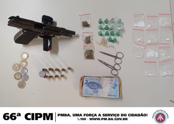 Polícia Militar apreende arma de fogo e entorpecentes, no bairro Rocinha em Feira de Santana