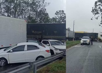 Engavetamento com sete veículos deixa cinco feridos na BR-324, em Conceição do Jacuípe