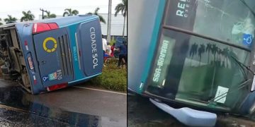 Ônibus tomba na BR-324 em Feira de Santana; dois passageiros ficam feridos