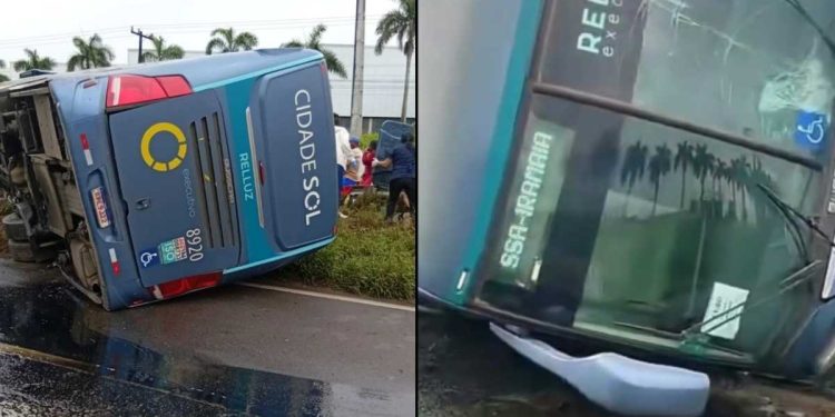 Ônibus tomba na BR-324 em Feira de Santana; dois passageiros ficam feridos