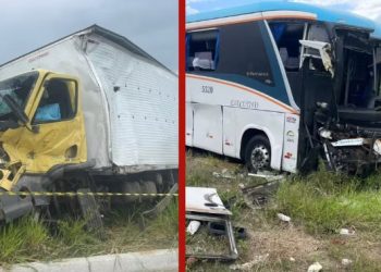 Colisão entre ônibus e caminhão deixa duas pessoas mortas na BR-324