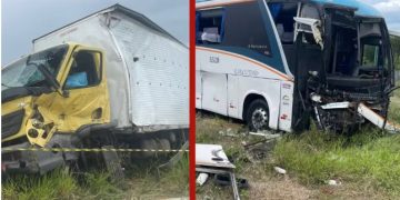 Colisão entre ônibus e caminhão deixa duas pessoas mortas na BR-324